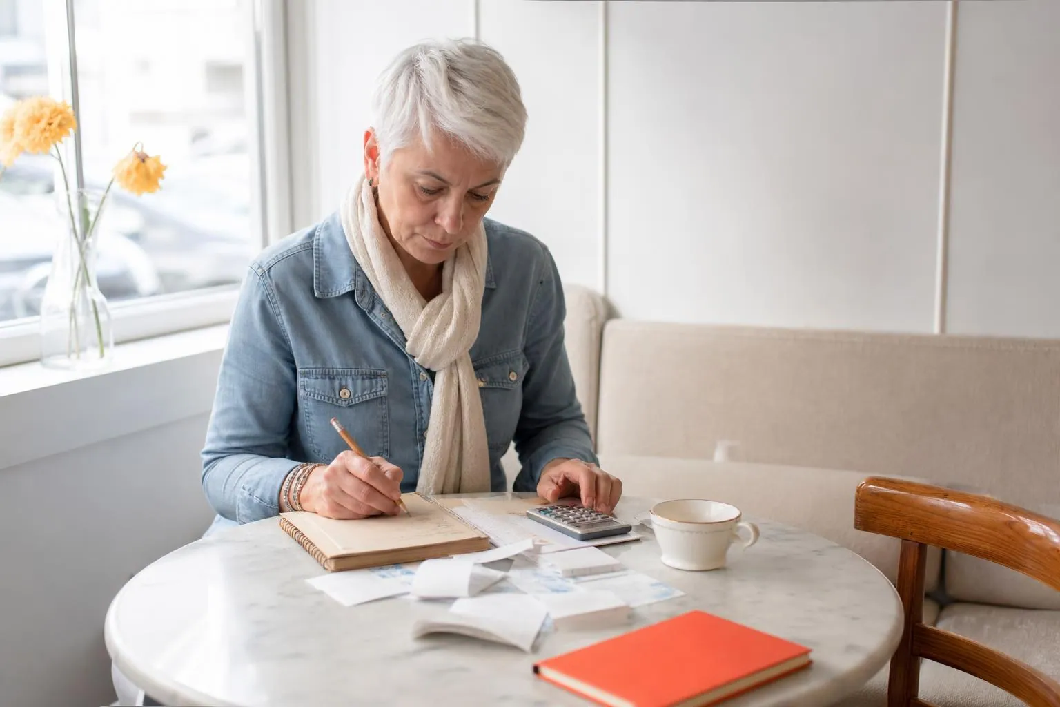 Femme d’une cinquantaine d’années additionnant à la main des devis et des tickets étalés sur la table d’un café