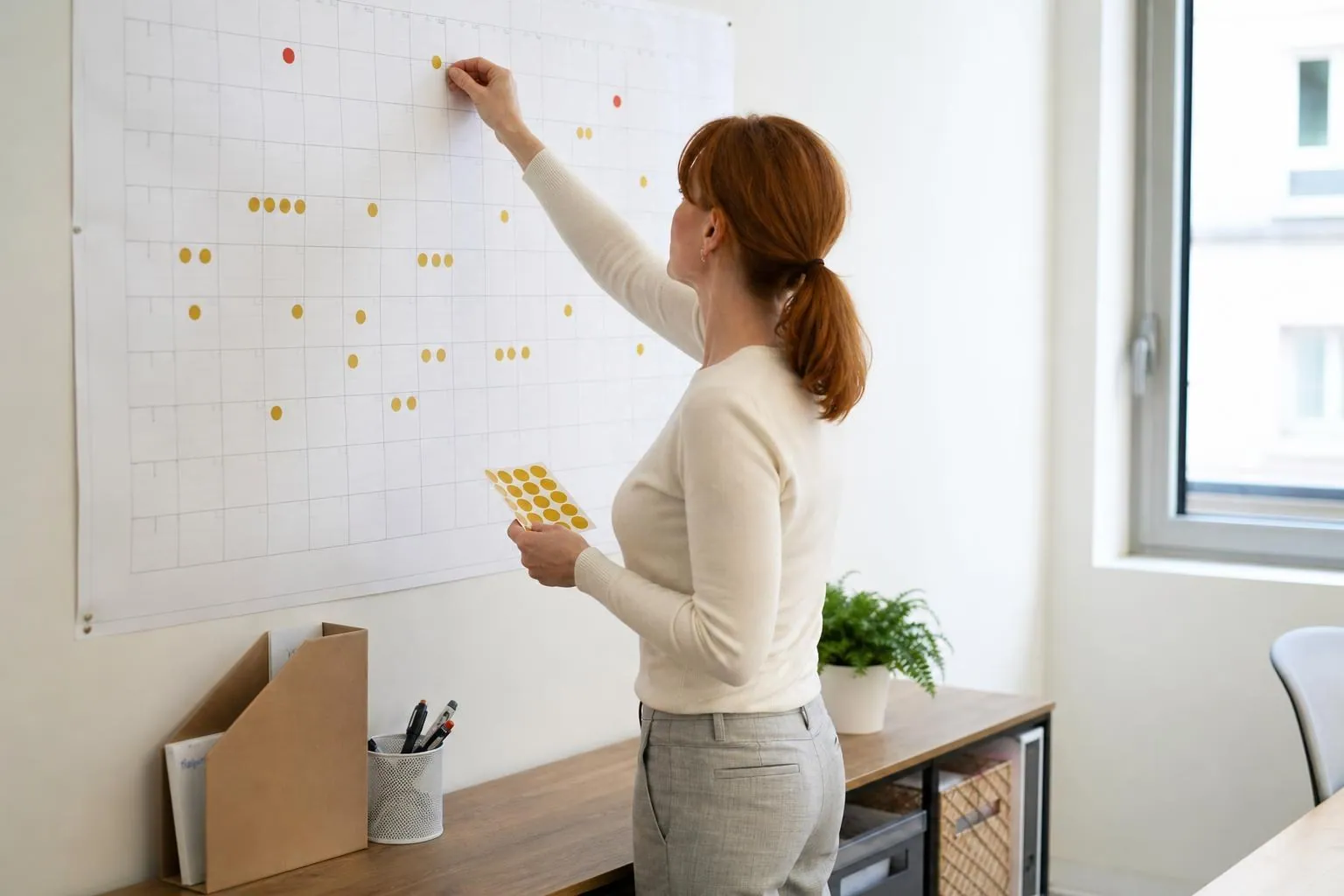 Femme d’une quarantaine d’années plaçant des pastilles de couleur sur un grand calendrier mural en papier