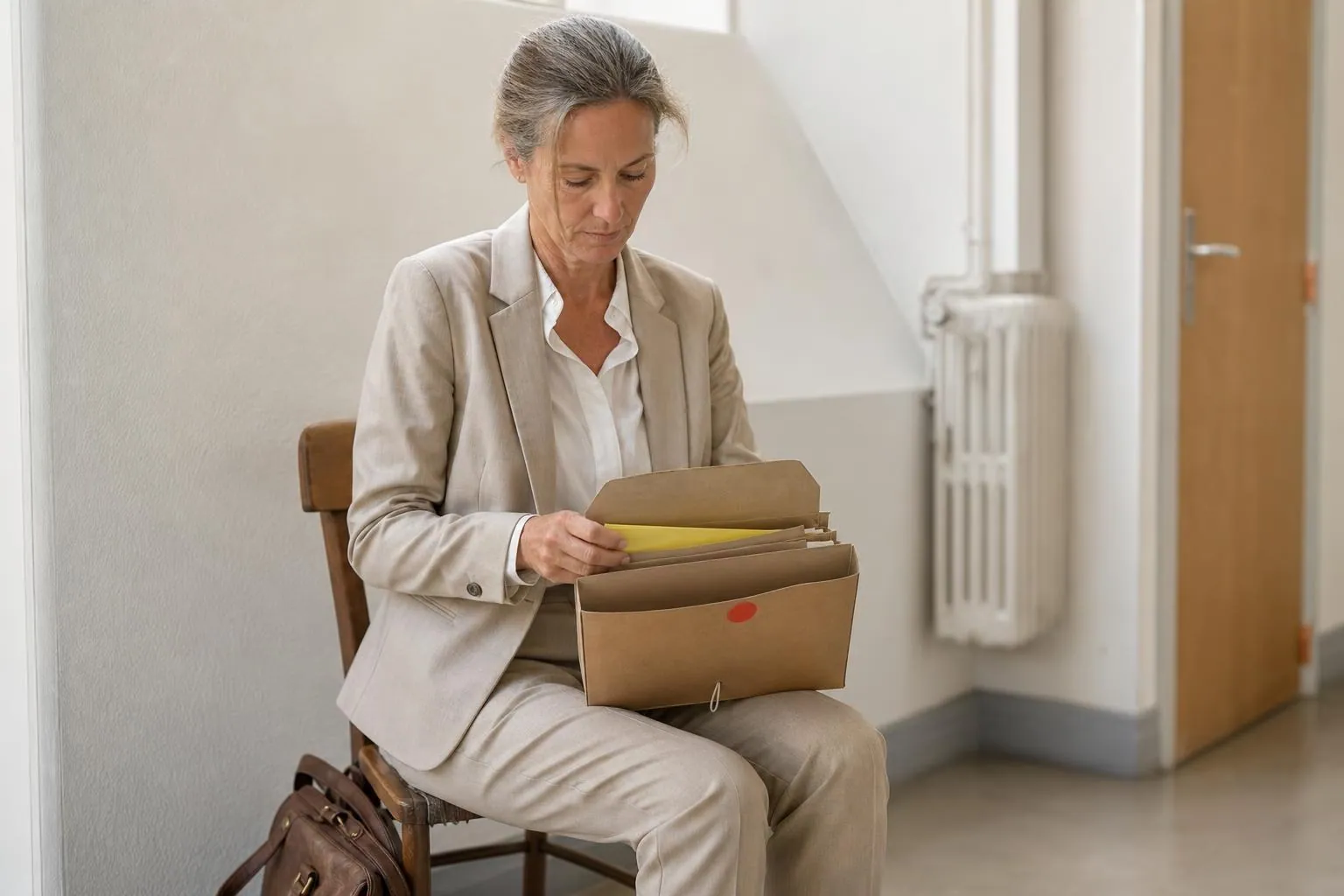 Femme d’une cinquantaine d’années assise dans un couloir clair, vérifiant les intercalaires d’une pochette à soufflet posée sur ses genoux