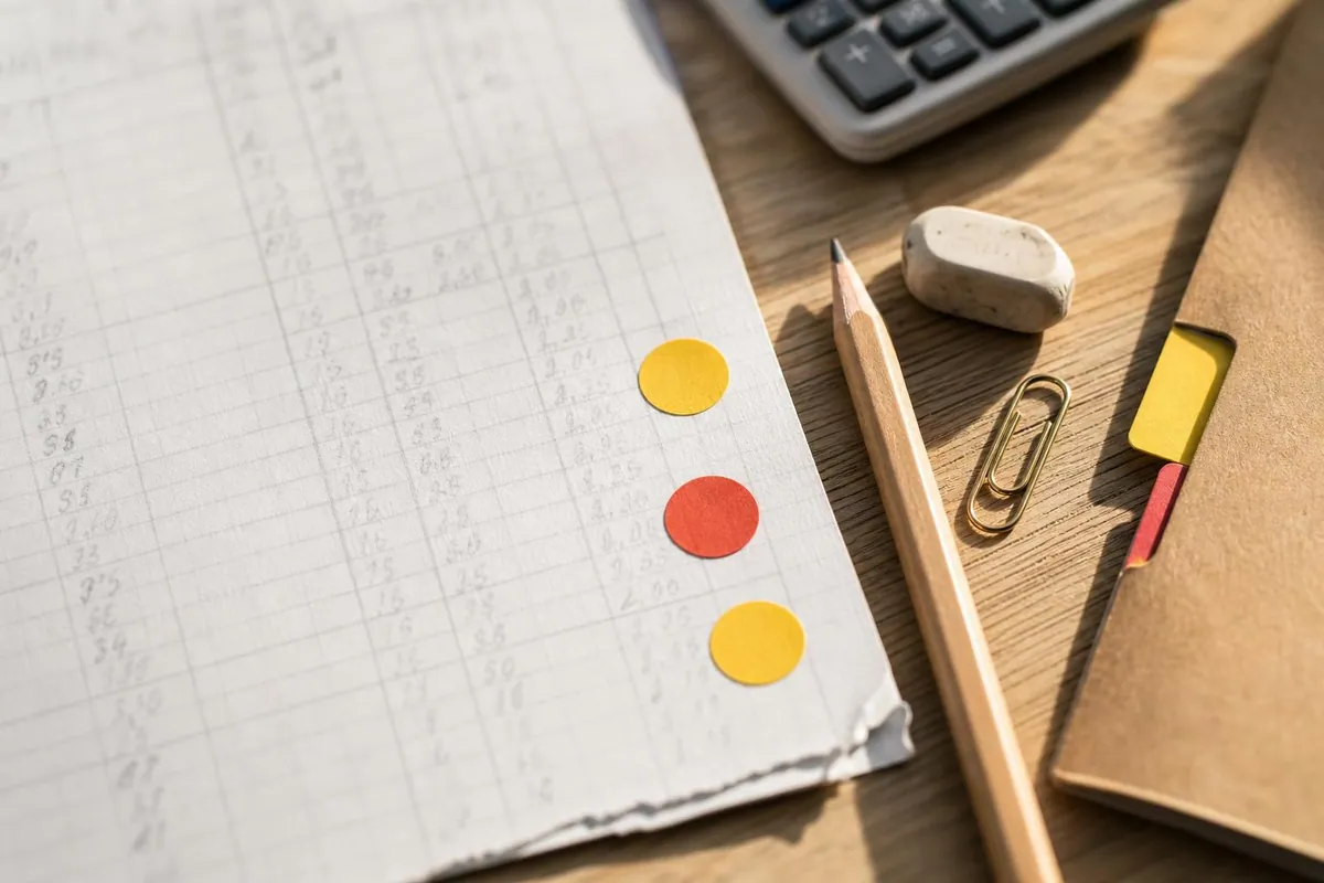 Gros plan sur un plan de financement manuscrit au crayon, une chemise cartonnée à onglets et des gommettes de couleur de suivi de dossier