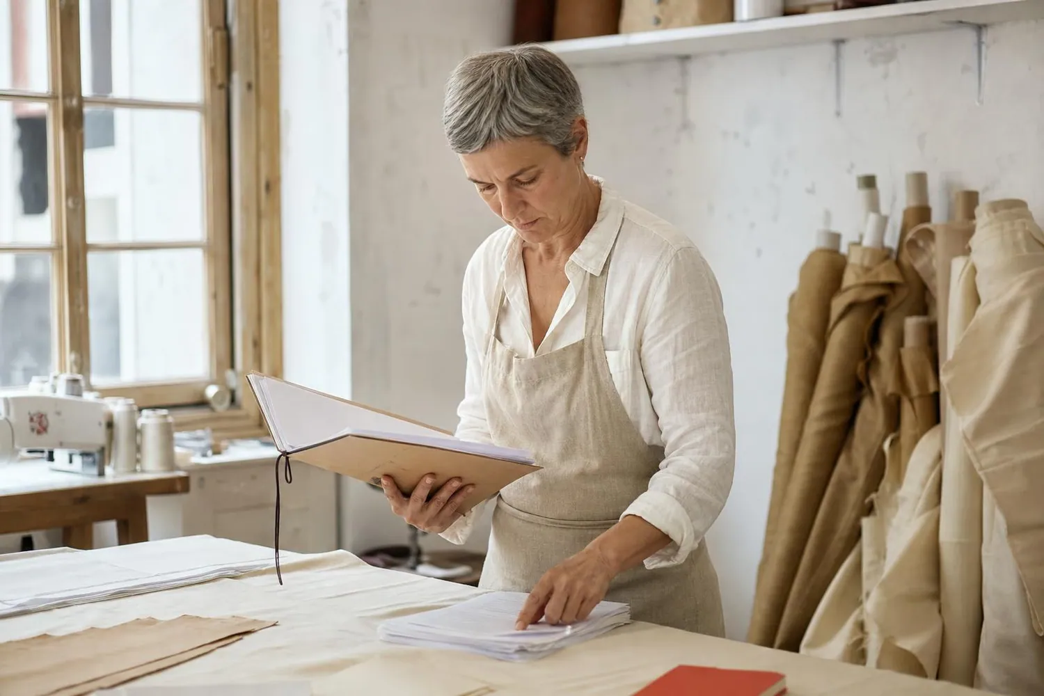 Créatrice d’une cinquantaine d’années debout dans son atelier de couture, une chemise cartonnée de dossier de financement ouverte dans les mains