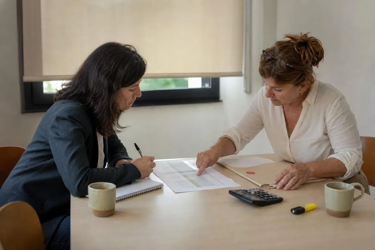 Deux femmes assises face à face autour d’un dossier papier et d’un plan de financement lors d’un rendez vous d’accompagnement à la création